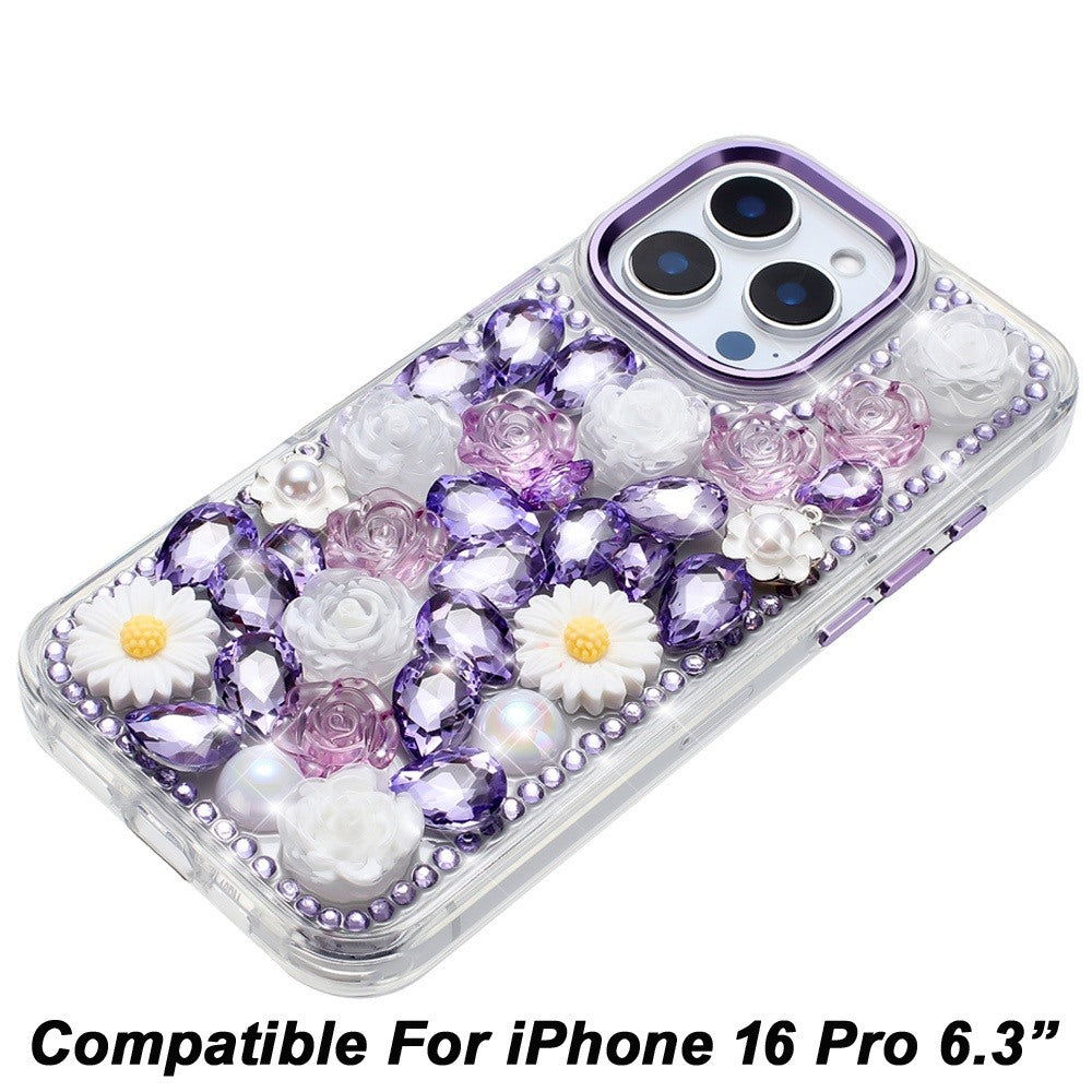 Phone Case for Apple iPhone 16 Pro Full Bling Rhinestone Glitter Floral Luxury Hybrid Shockproof Stylish Sparkling Protective Designer Ornament Cover