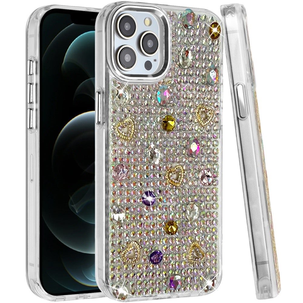 Phone Case for Apple iPhone 12 Pro Max Chrome Fashion Hybrid Bling Diamond Heart Rhinestone Decorative Stones Sparkling Embellished Design Cover