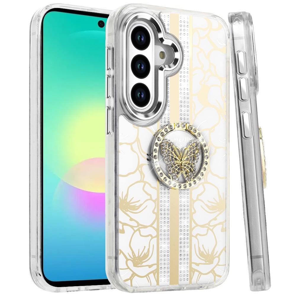 Phone Case for Samsung Galaxy A27 5G Floral Butterfly Ring Stand Glitter Bling Shockproof Hybrid Luxury Fashion Protective Anti Slip Durable Grip Cover