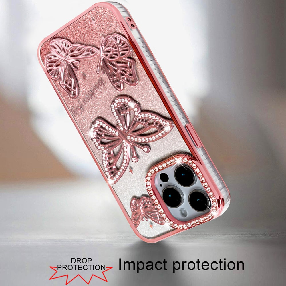 For Apple iPhone 17E /16E Luxury Butterfly Sparkle Glitter Diamond Crystal Rhinestone Shimmer Bling Plating Thick TPU Hard PC Case Cover Rose Gold