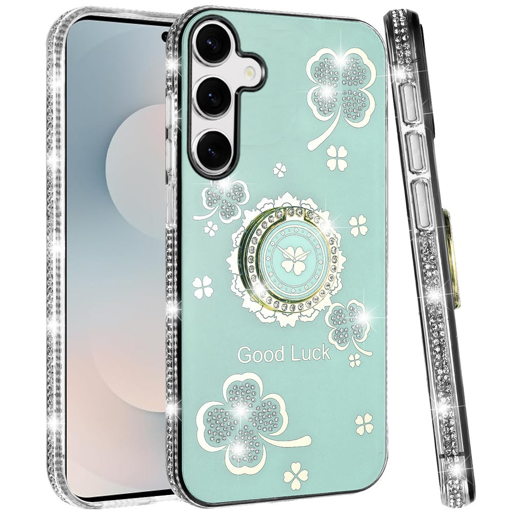 For Samsung Galaxy S26+ / S26 Plus Diamonds Bling All Around Edges Sparkly Glitter Hybrid with Ring Stand Holder Fashion Good Luck Case Cover