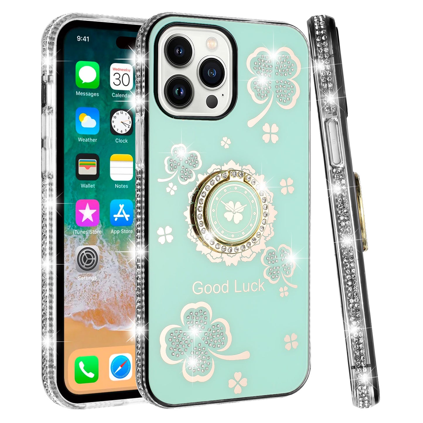 For Apple iPhone 16 Plus (6.7") Diamonds Bling All Around Edges Sparkly Glitter Hybrid with Ring Stand Holder Fashion Good Luck Case Cover