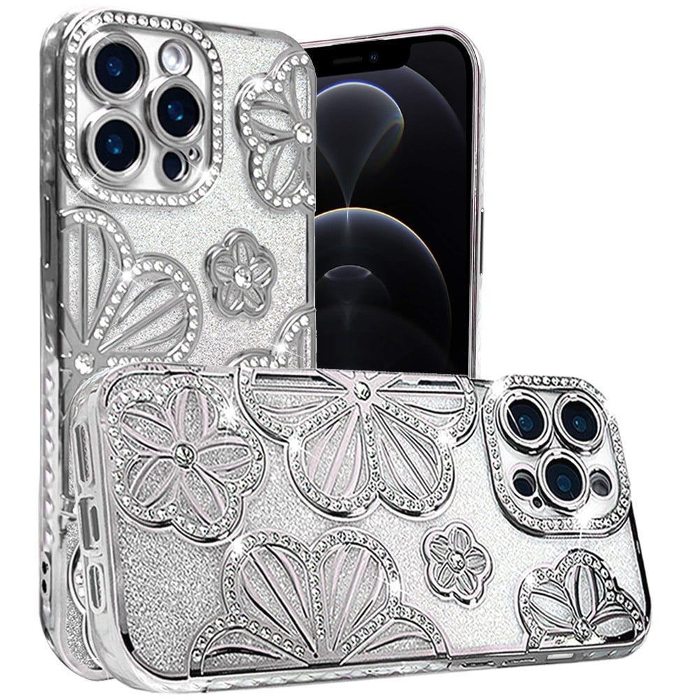For Apple iPhone 12 Pro Max Luxury Flower Design Sparkle Glitter Diamond Rhinestone Shimmer Bling Plating Thick TPU Hard PC Case Cover