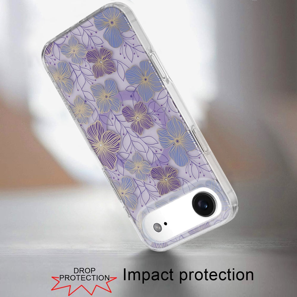 For Apple iPhone 17 Pro Max Stylish Pattern Fashion IMD Printed Design TPU Double Layer Slim Shockproof with Magnetic Back Case Cover Purple Flower