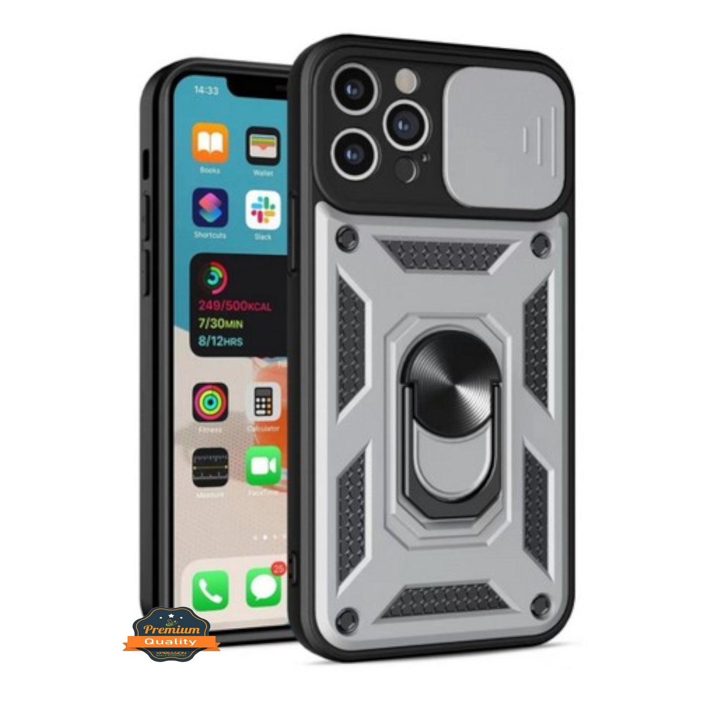 For Apple iPhone 15 Pro (6.1") Built in Sliding Camera Lens Protection & Finger Ring Stand Holder Hybrid Shockproof Phone Case Cover