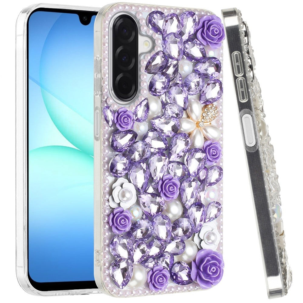 Phone Case for Galaxy A17 5G Rose Flower Full Diamond Bling Rhinestone Glitter Luxury Stylish Sparkle Protective Designer Hybrid Cover
