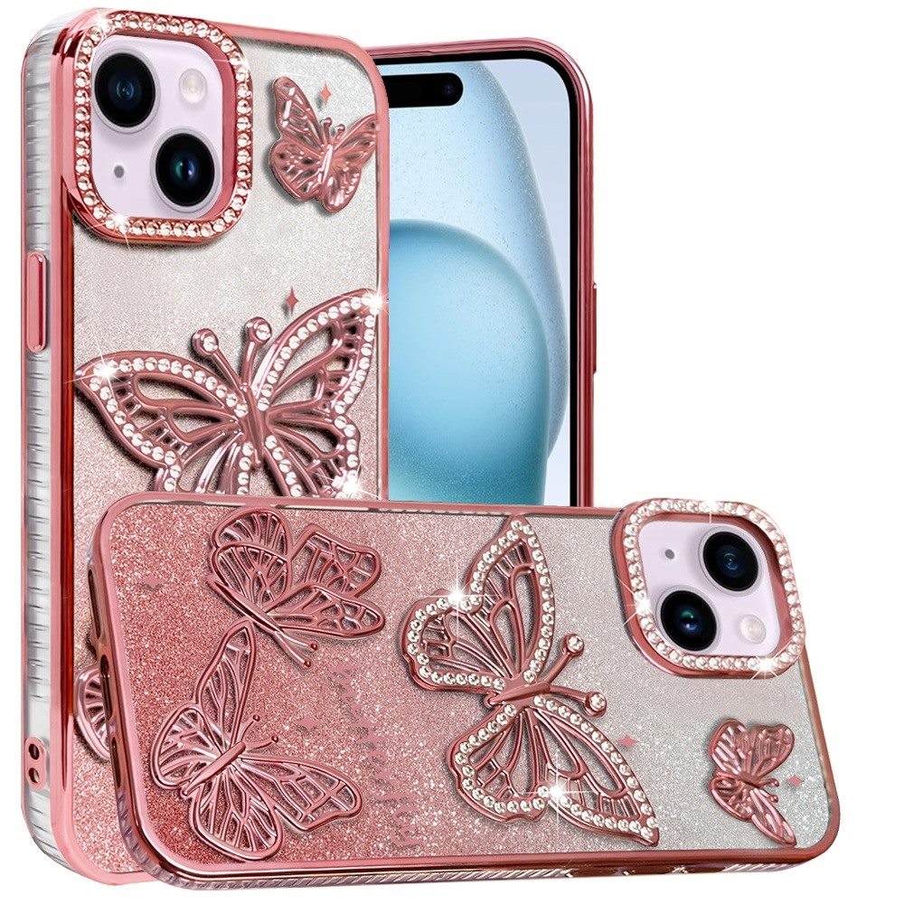 Phone Case for Apple iPhone 15 Plus Butterfly Freedom Shimmer Glitter Thick TPU Shockproof Anti Slip Durable Protective Design Cover