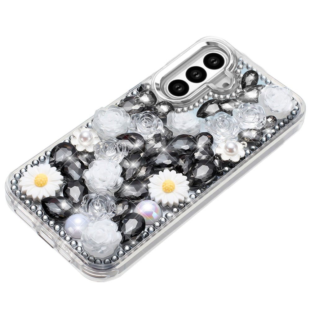 For Samsung Galaxy S23 Fashion Daisy Floral Series, Full 3D Bling Crystal Diamonds Sparkling Rhinestone Glitter Hybrid Design Case Cover Blue