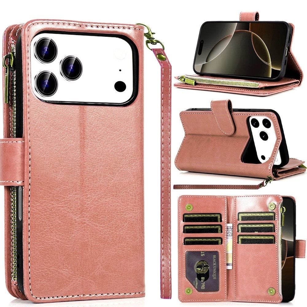 For Apple iPhone 17 Pro Max (6.9") Leather Wallet Case with Zipper, 9 Card Slots, Cash Pocket, Stand & Strap, Clutch Pouch Design Case Cover