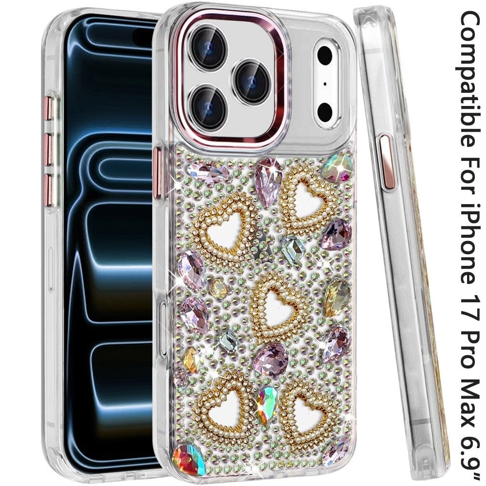 Phone Case for Apple iPhone 17 Pro Max Luxury Crystal Heart Rhinestone Diamond Bling Shockproof Hybrid Glitter Protective Stylish Durable Grip Cover