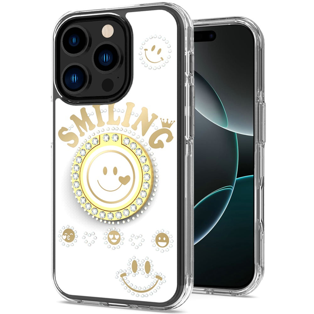 For Apple iPhone 16 Pro Max (6.9") Smiling Glitter Ornament Bling Sparkle with Ring Stand Hybrid Slim TPU + Hard Back Shell Case Cover