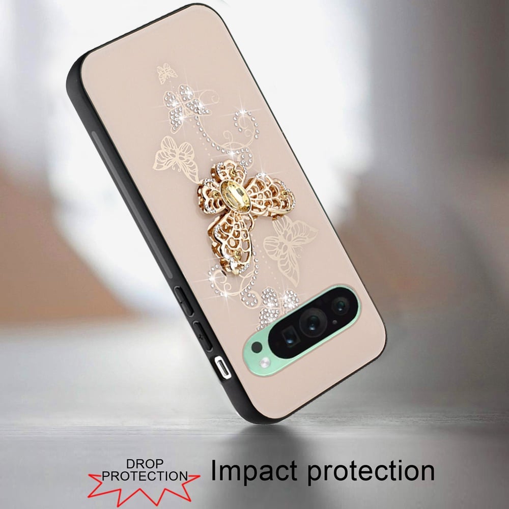 For Google Pixel 9, 9 Pro Diamonds 3D Butterfly Bling Sparkly Glitter Ornaments Engraving Hybrid with Stand Fashion Case Cover Garden Butterflies Gold