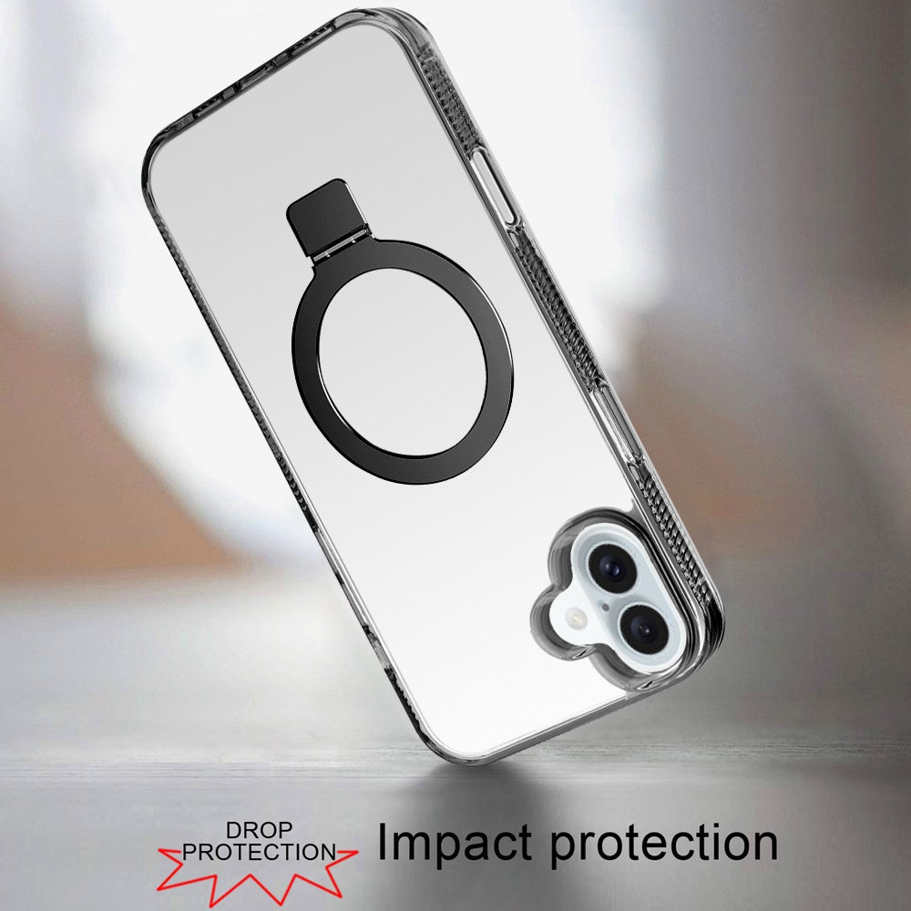 For Apple iPhone 17 Air (6.6") Transparent Magnetic Ring Circle Stand with MagSafe Compatible Hybrid Dotted Edged Hard PC Shockproof Case Cover Black