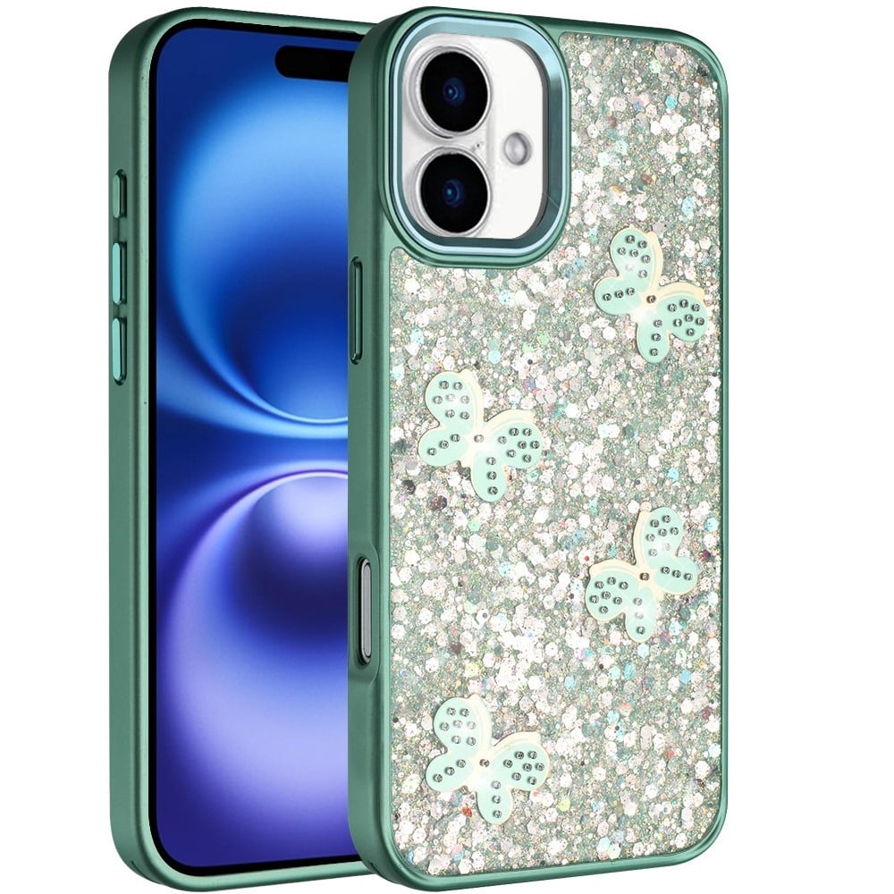 For Apple iPhone 17 (6.3") Cute Butterfly Crystal Diamond Glitter Case Sparkle Bling Frame Metallic Edges, Shimmer TPU Hybrid Case Cover