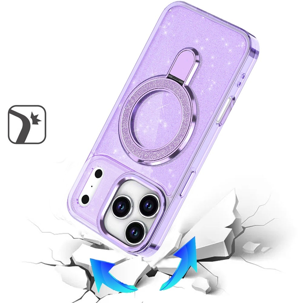 For Apple iPhone 17 Pro (6.3") Transparent Glitter Bling Case with Rotating Magnetic Ring Stand, Shockproof Hybrid Case Cover