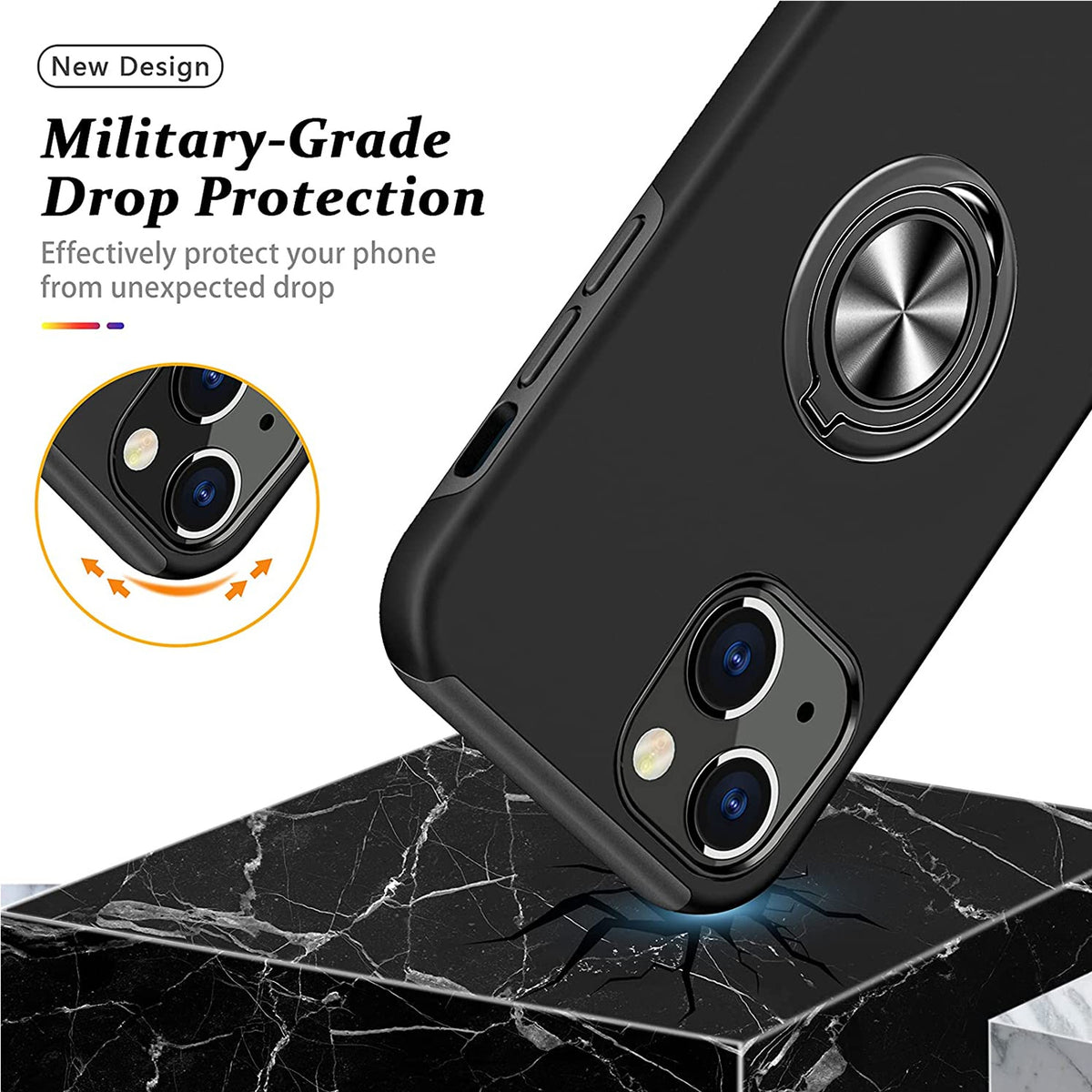 For Gabb Phone 4 Pro Military Grade Hybrid Case with Flat Metal Ring 360° Rotation Kickstand, Slim Fit Back Hard PC Case Cover Black