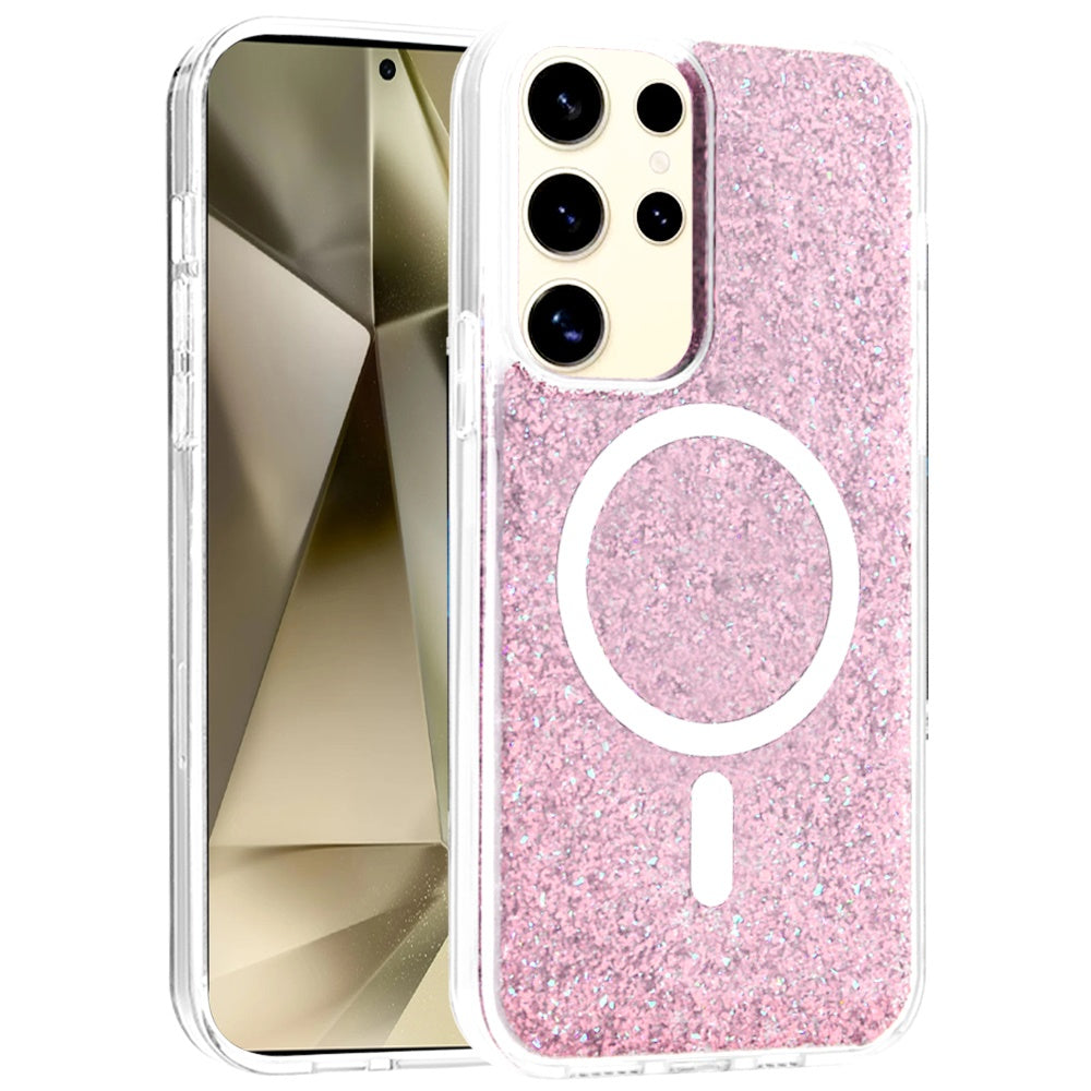 For Samsung Galaxy S25 /S24 Hybrid Epoxy Glitter Shiny Flower Design Stylish Fashion Case, Magnetic MagSafe Compatible, Shockproof Case Cover