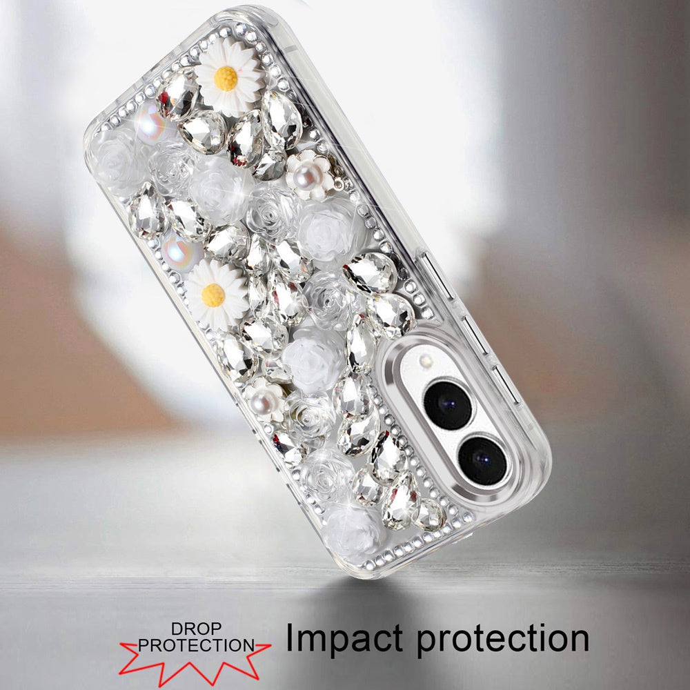 For Samsung Galaxy S25 Edge Fashion Daisy Floral Series, Full 3D Bling Crystal Diamonds Sparkling Rhinestone Glitter Hybrid Design Case Cover