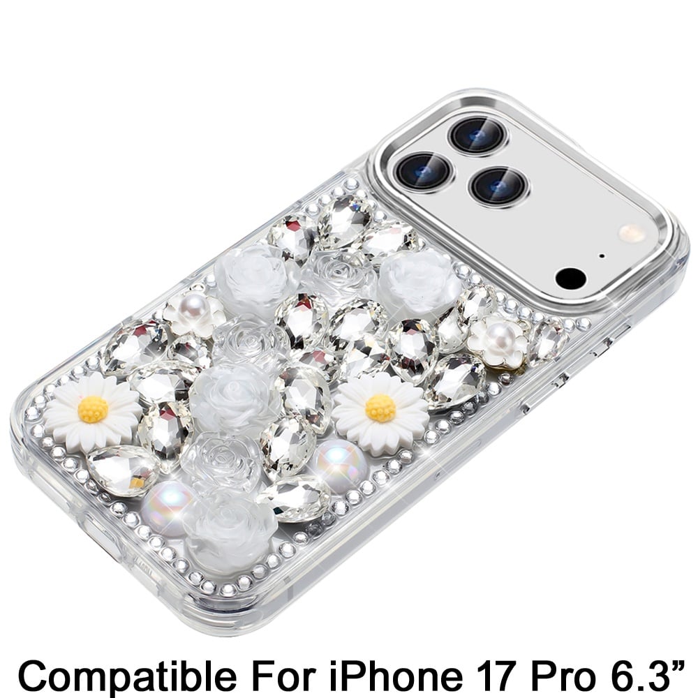 For Apple iPhone 17 Pro (6.3") Fashion Daisy Floral Series, Full 3D Bling Crystal Diamonds Sparkling Rhinestone Glitter Hybrid Design Case Cover
