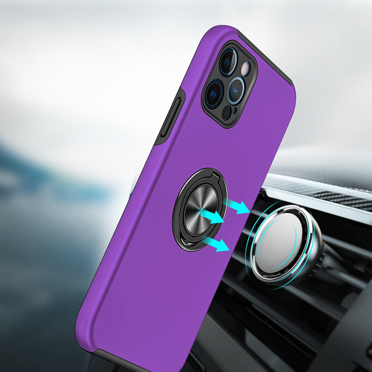 For iPhone 15 Plus (6.7") Hybrid 360 Degree Rotatable Metal Invisible Ring Stand Holder Slim Fit Magnetic Car Mount Shockproof Case Cover Cosmic Orange