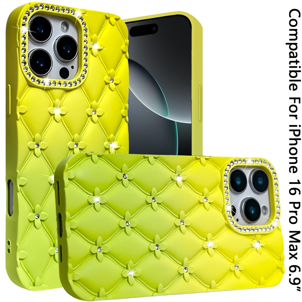 For iPhone 16 Pro Max (6.9") Fashion Flower Design Sparkle Glitter Shimmer Rhinestone Bling Floral Accents, Leather Texture TPU Case Cover