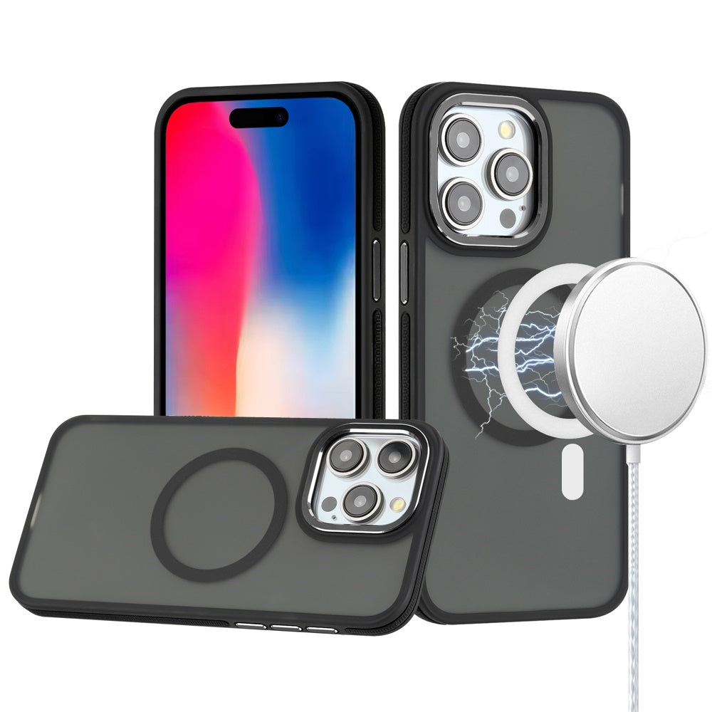 For Apple iPhone 15 Frosted Translucent Back Hybrid Case with Magnetic Circle; MagSafe Compatible, Military Grade Shockproof, Slim Design Case Cover Black