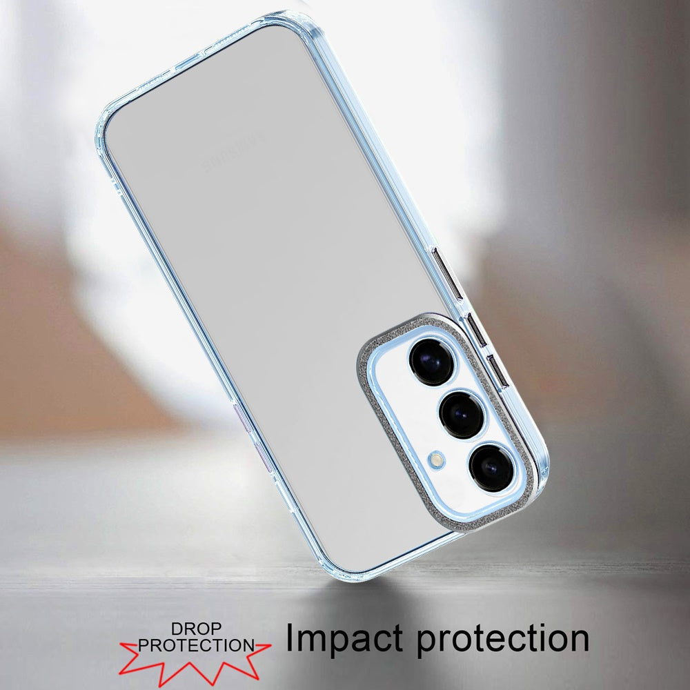 For Samsung Galaxy S24 FE Transparent Clear Hybrid with Matching Metal Buttons and Camera Protection Hard PC + TPU Rubber Case Cover Black