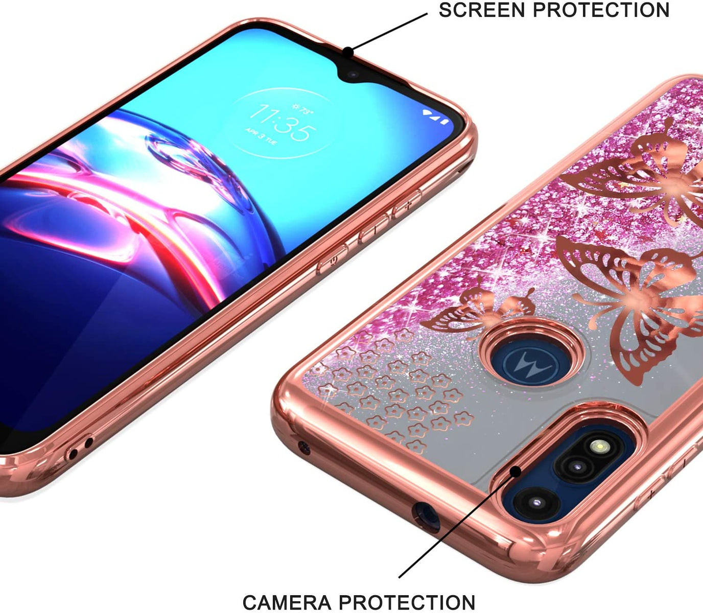 For Apple iPhone 15 Pro (6.1") Quicksand Liquid Glitter Bling Flowing Sparkle Fashion Hybrid TPU Chrome Plating Hard Butterfly Phone Case Cover