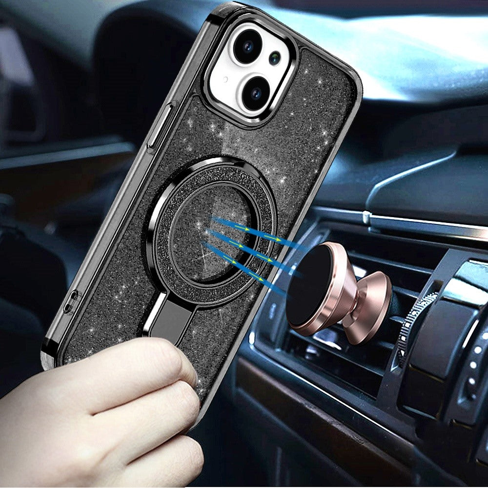 For iPhone 15 (6.1") Transparent Glitter Bling Case with Rotating Magnetic Ring Stand, Shockproof Hybrid Case Cover Cosmic Orange