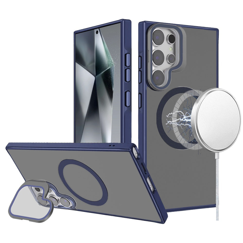 For Samsung Galaxy S23 Tough HQ Hybrid Case with Aluminum Frame Camera Stand, Compatible with MagSafe, Translucent Matte Shockproof Case Cover