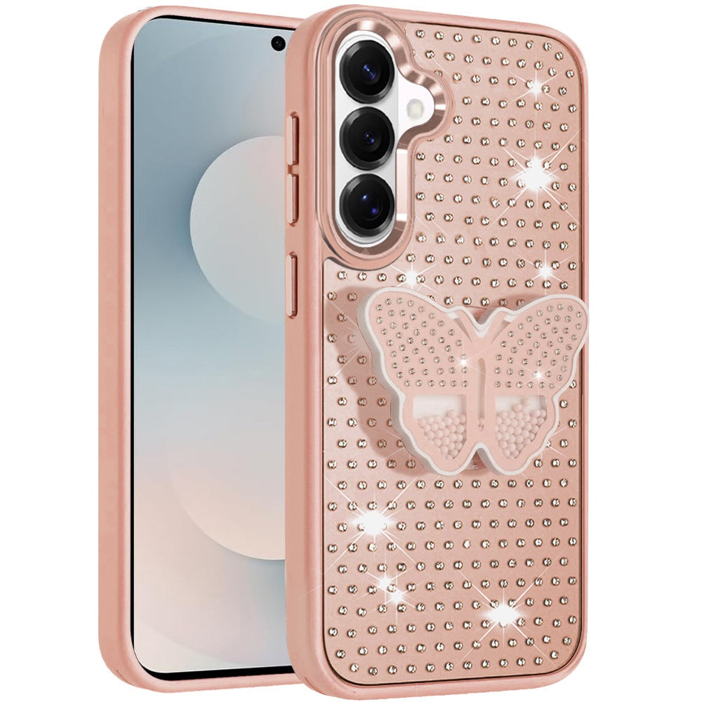 For Samsung Galaxy S26+ / S26 Plus Butterfly Moveable Grip 3D Pop Stand Full Diamond Bling Sparkling TPU Fashion Hybrid Case Cover