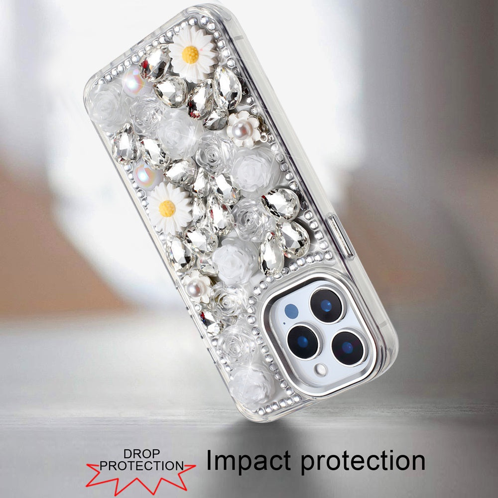 For Apple iPhone 13 Pro Max Fashion Daisy Floral Series, Full 3D Bling Crystal Diamonds Sparkling Rhinestone Glitter Hybrid Design Case Cover Gold