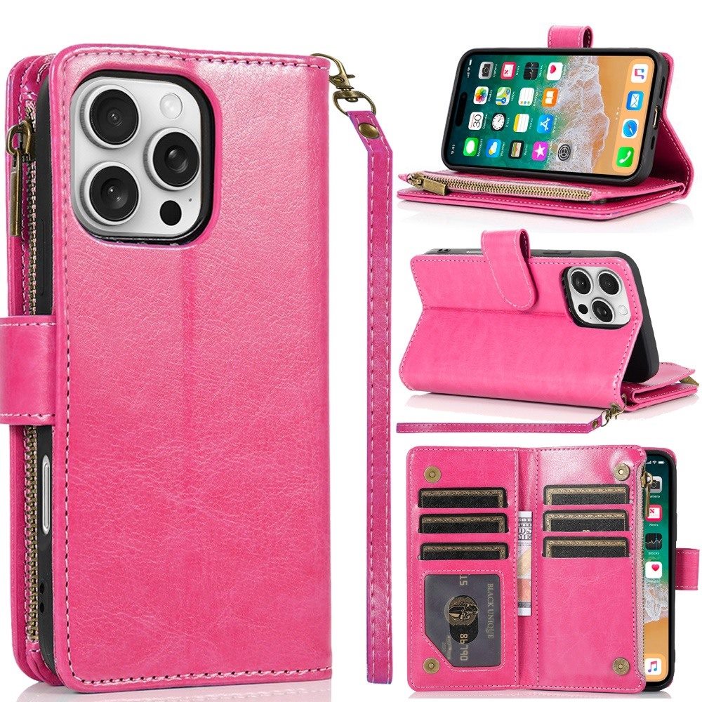 For Motorola Moto G Stylus 5G 2025 Leather Wallet Case with Zipper, 9 Card Slots, Cash Pocket, Stand & Strap, Clutch Pouch Design Case Cover Hot Pink