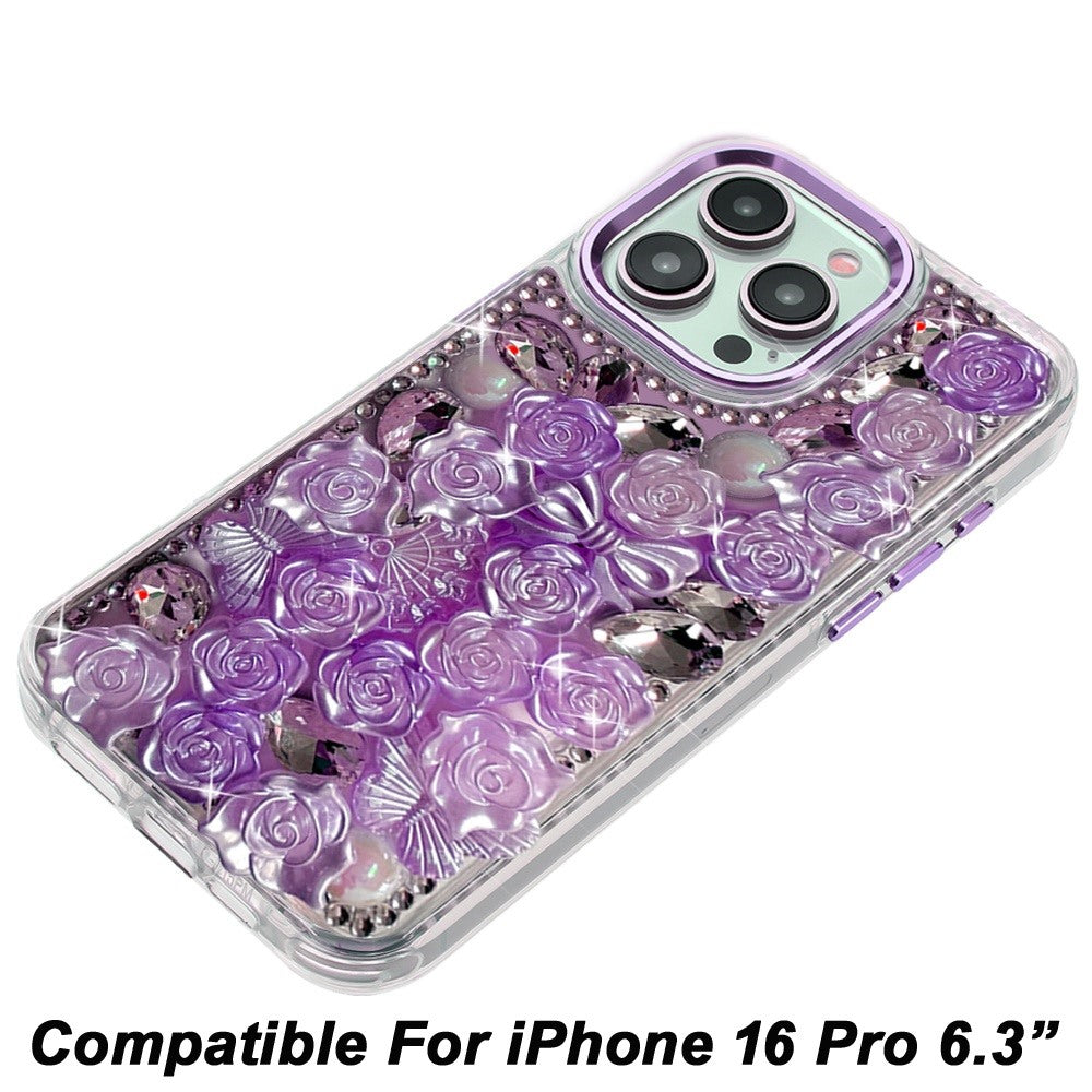 Phone Case for Apple iPhone 16 Pro 3D Flower Bling Rhinestone Glitter Cute Stylish Shockproof Protective Decorative Luxury Grip Stones Ornaments Cover