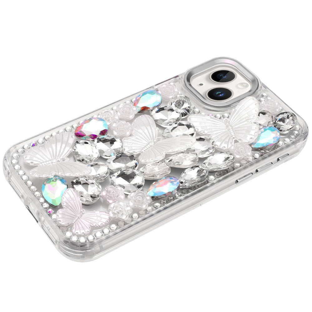 For Apple iPhone 15 3D Diamond Floral Butterfly Bling Stone Hybrid, Sparkly Rhinestone Gemstone Back Shockproof Case Cover