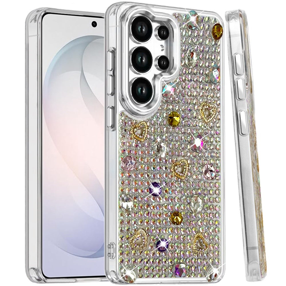 Phone Case for Samsung Galaxy S26 Ultra Chrome Fashion Hybrid Bling Diamond Heart Rhinestone Decorative Stones Sparkling Embellished Design Cover