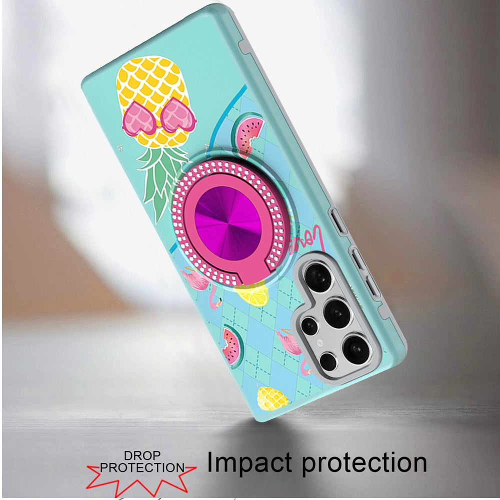 For Samsung Galaxy S25 Ultra Pattern Design Hybrid with Invisible Ring Stand & Magnetic Back, Shockproof Protective Grip Case Cover