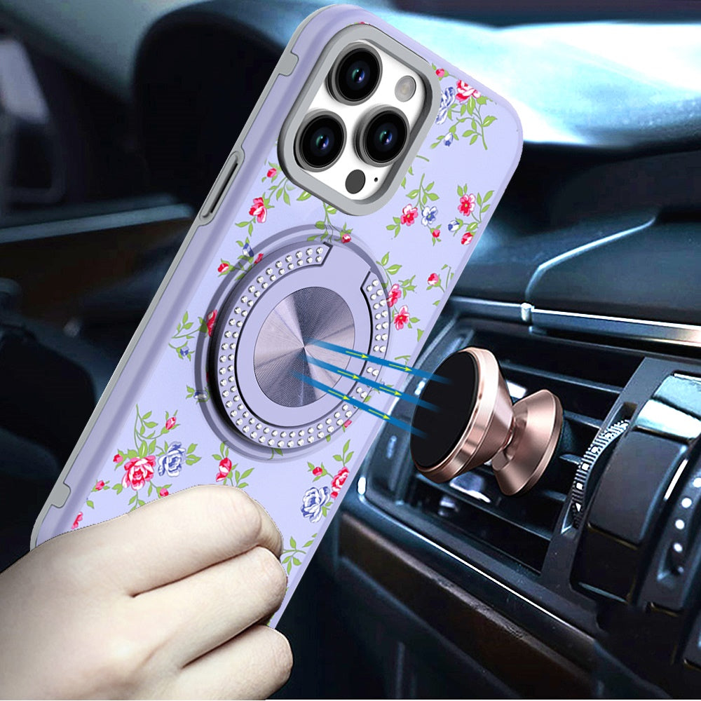 For Apple iPhone 16e Pattern Design Hybrid with Invisible Ring Stand & Magnetic Back, Shockproof Protective Grip Case Cover Purple Spring Floral