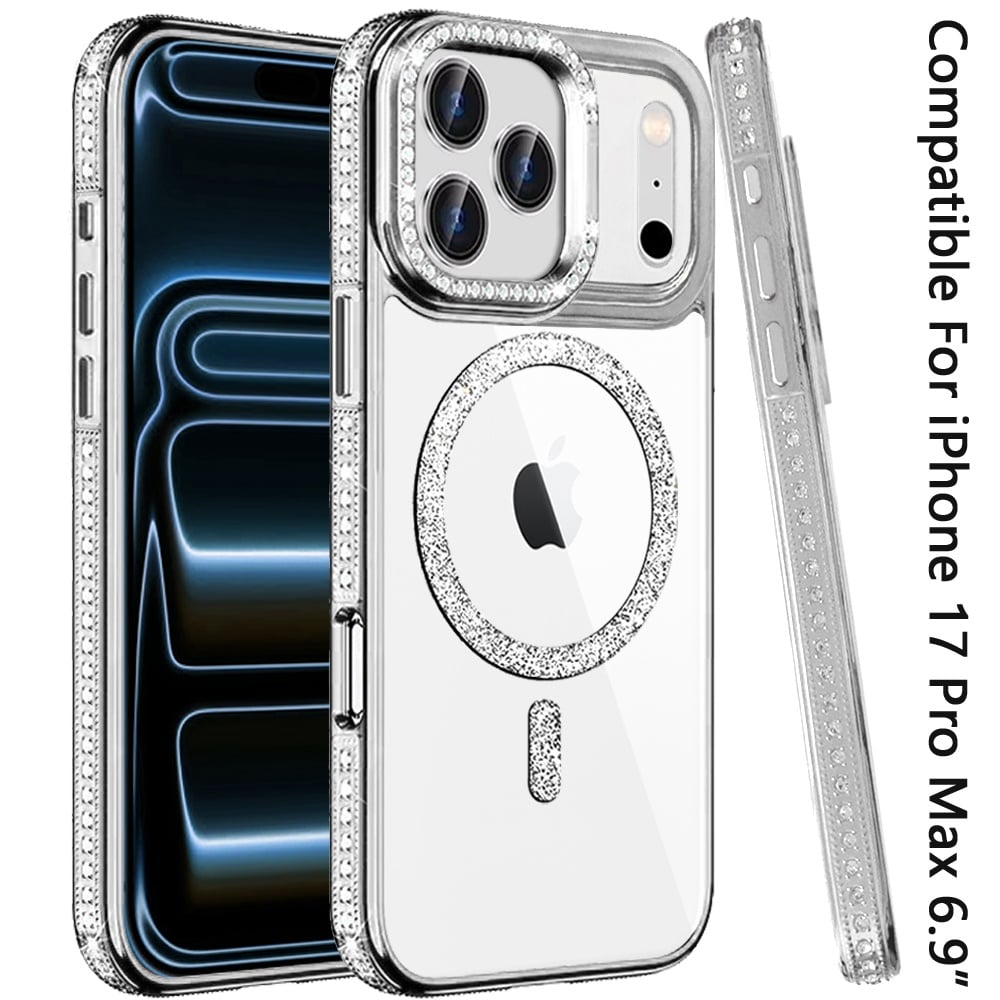 Phone Case for Apple iPhone 17 Pro Max Luxury Diamond Bling Edged Magnetic Glitter Shockproof Hybrid with Camera Kickstand Durable Grip Cover