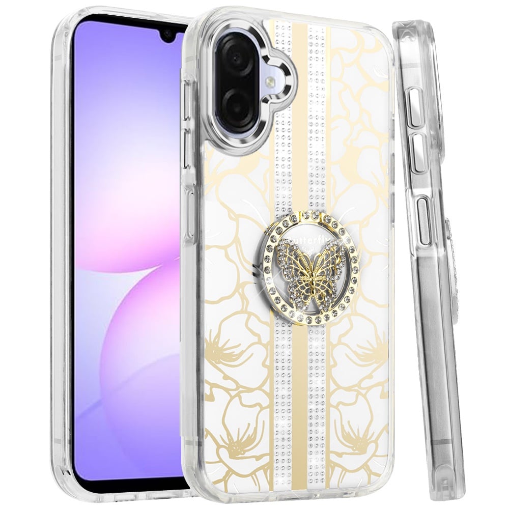 Phone Case Cover for Samsung Galaxy A07 4G Diamonds 3D Butterfly Floral Design Bling Sparkly Glitter Hybrid Metal Fashion with Ring Stand Cover