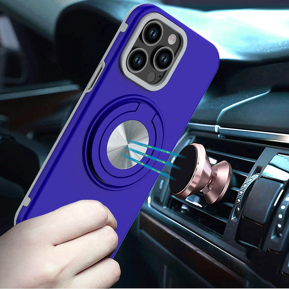 For Apple iPhone 13 Pro Metal Matte Hybrid with Invisible Rotational Ring Stand, Car Mount Friendly, Military Grade Slim Fit Sturdy Case Cover Blue