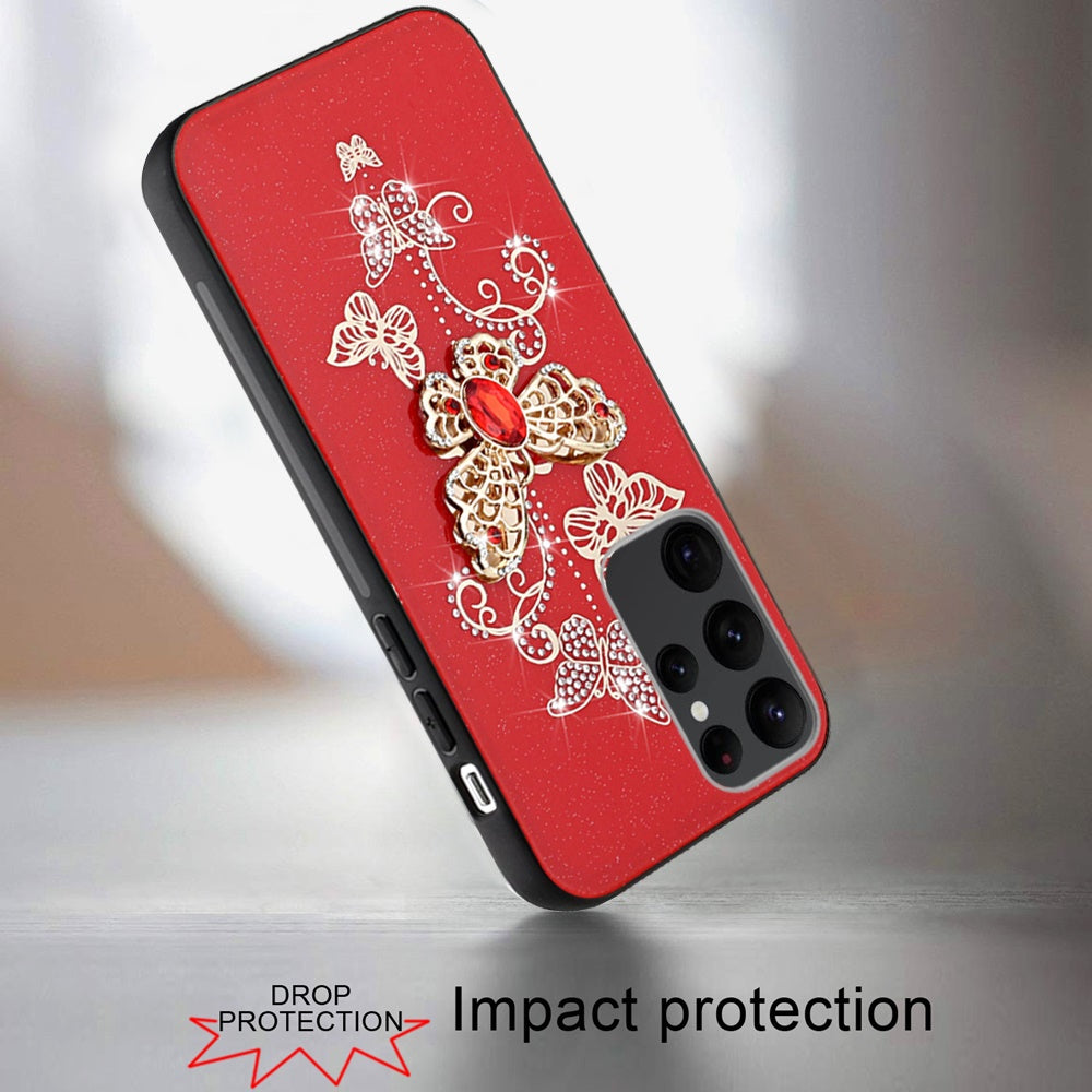 For Samsung Galaxy S24 FE Diamonds 3D Butterfly Bling Sparkly Glitter Ornaments Engraving Hybrid Metal Fashion Case Cover Red Garden Butterflies