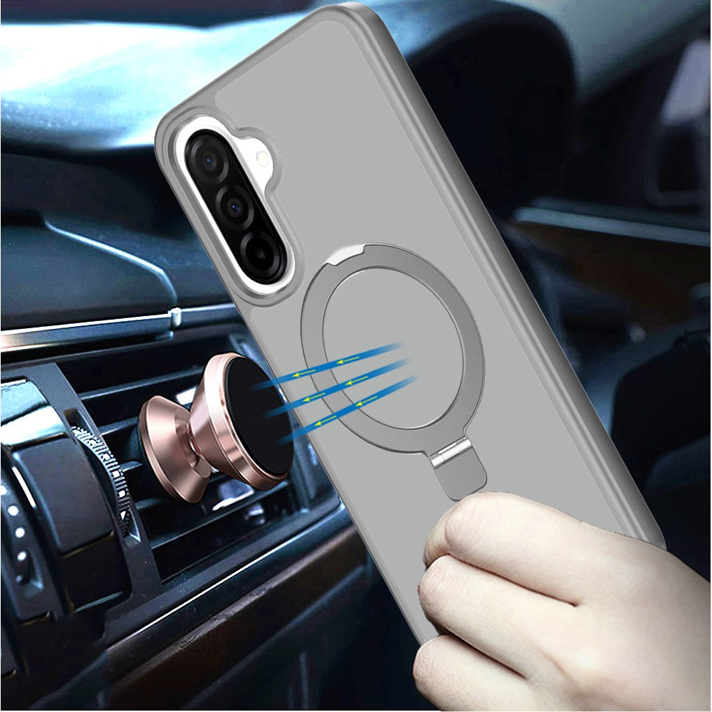 For Samsung Galaxy A17 5G Transparent Magnetic Ring Circle Stand with MagSafe Compatible Hybrid Dotted Edged Hard PC Shockproof Case Cover Black