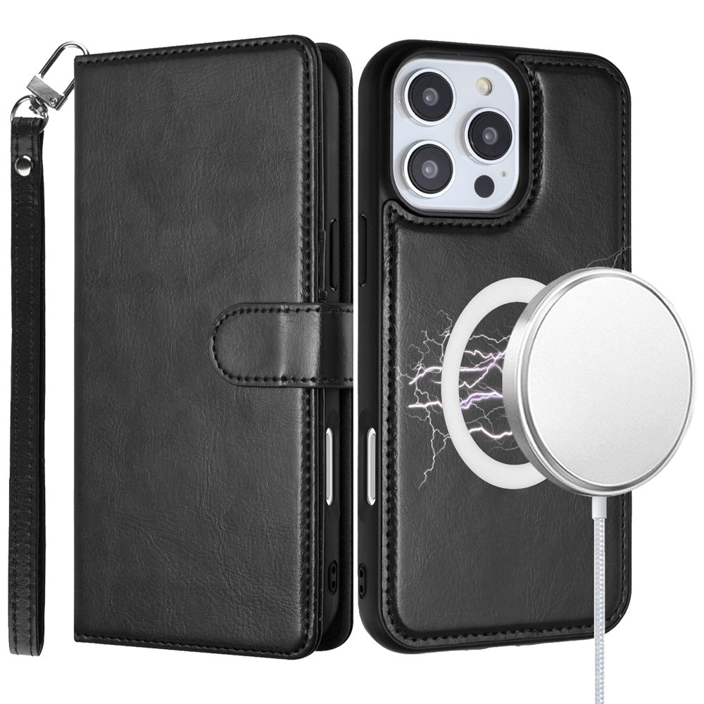 For Apple iPhone 16 Pro Max (6.9") Deattachable PU Leather Hybrid Wallet Money Credit Card Holder Support Magsafe Charger Case Cover Black