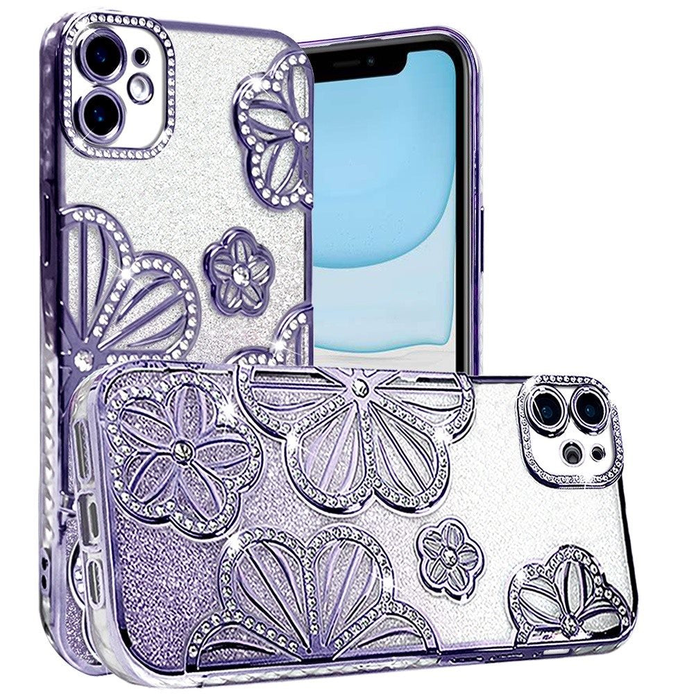 For Apple iPhone 11 Luxury Flower Design Sparkle Glitter Diamond Rhinestone Shimmer Bling Plating Thick TPU Hard PC Case Cover