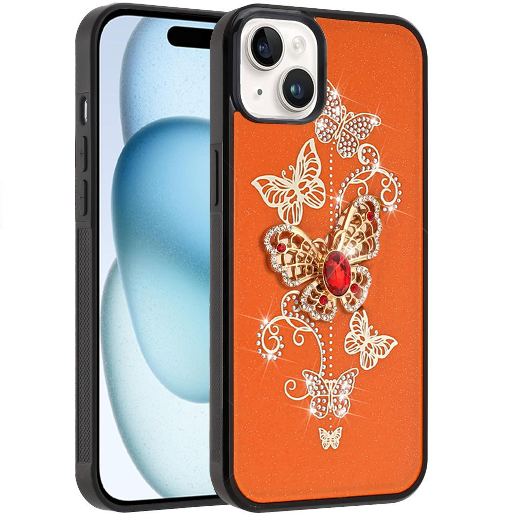 For Apple iPhone 15 Diamonds 3D Butterfly Bling Sparkly Glitter Ornaments Engraving Hybrid Metal Fashion Case Cover Good Luck Floral Cosmic Orange