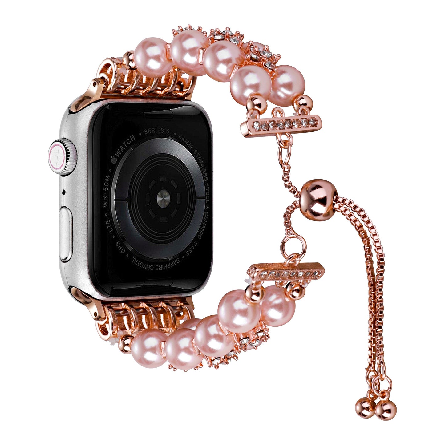 Watch Band for Apple Watch 42/44/45/46mm & Ultra 49mm, Series 4-10 & SE Pearls Fashion Bling Strand Metal Adjustable replacment Bracelet Style with Secure Attachment