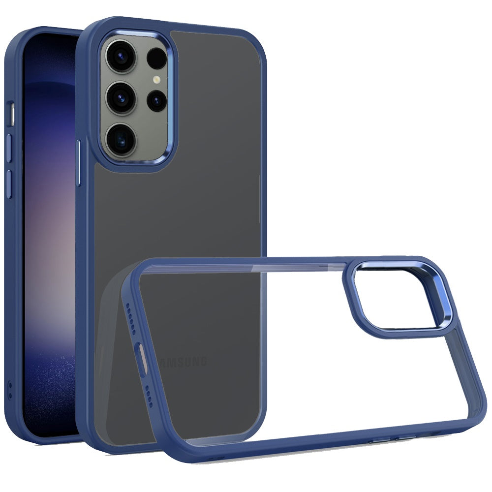 For Samsung Galaxy A17 5G Slim Fit Hybrid Transparent Thick Acrylic with Metal Buttons Frame Protective Hard PC + TPU Shockproof Case Cover Blue