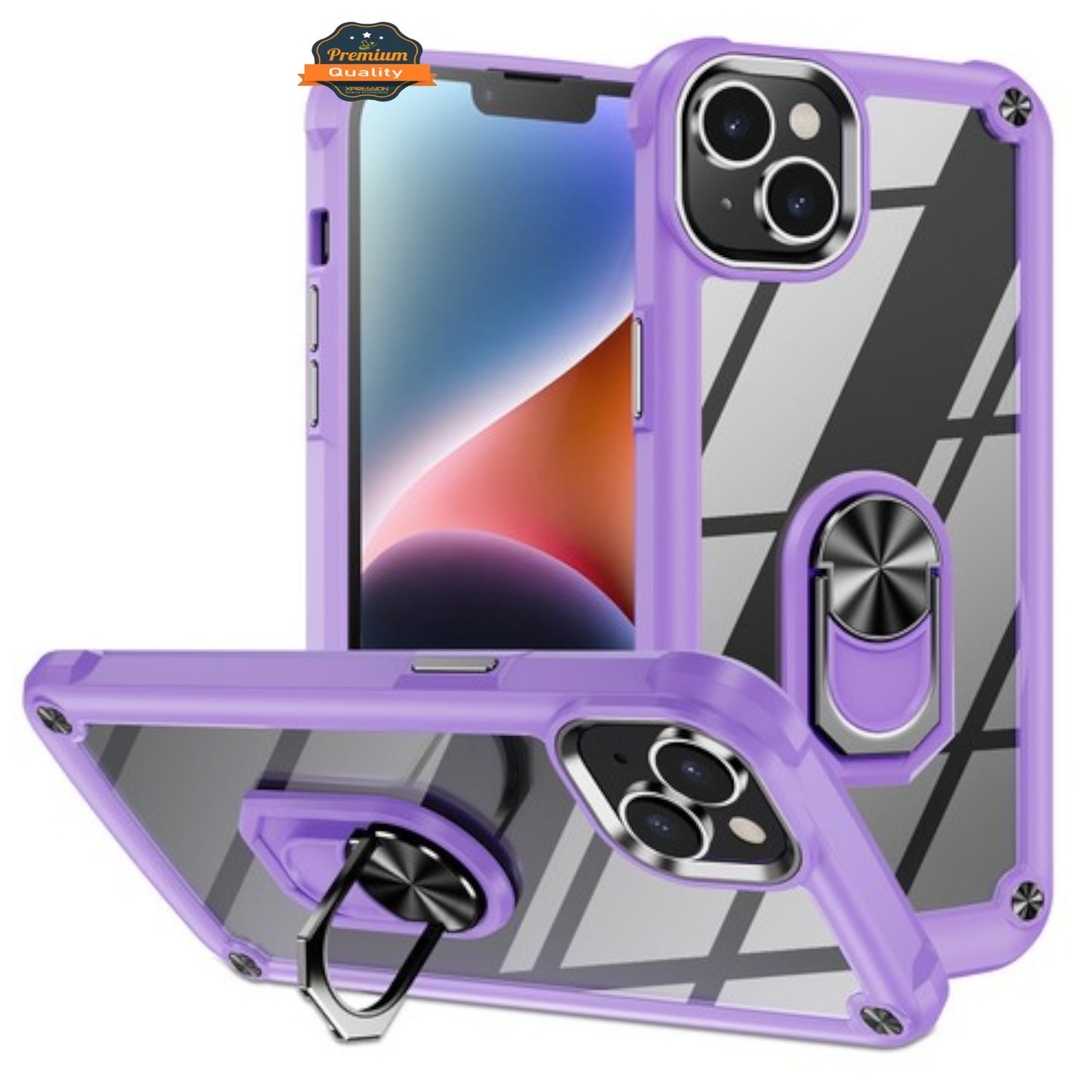 For Apple iPhone 15 (6.1") Clear Transparent Hybrid with 360° Magnetic Ring Stand PC Heavy Duty Shockproof Hard Back Phone Case Cover