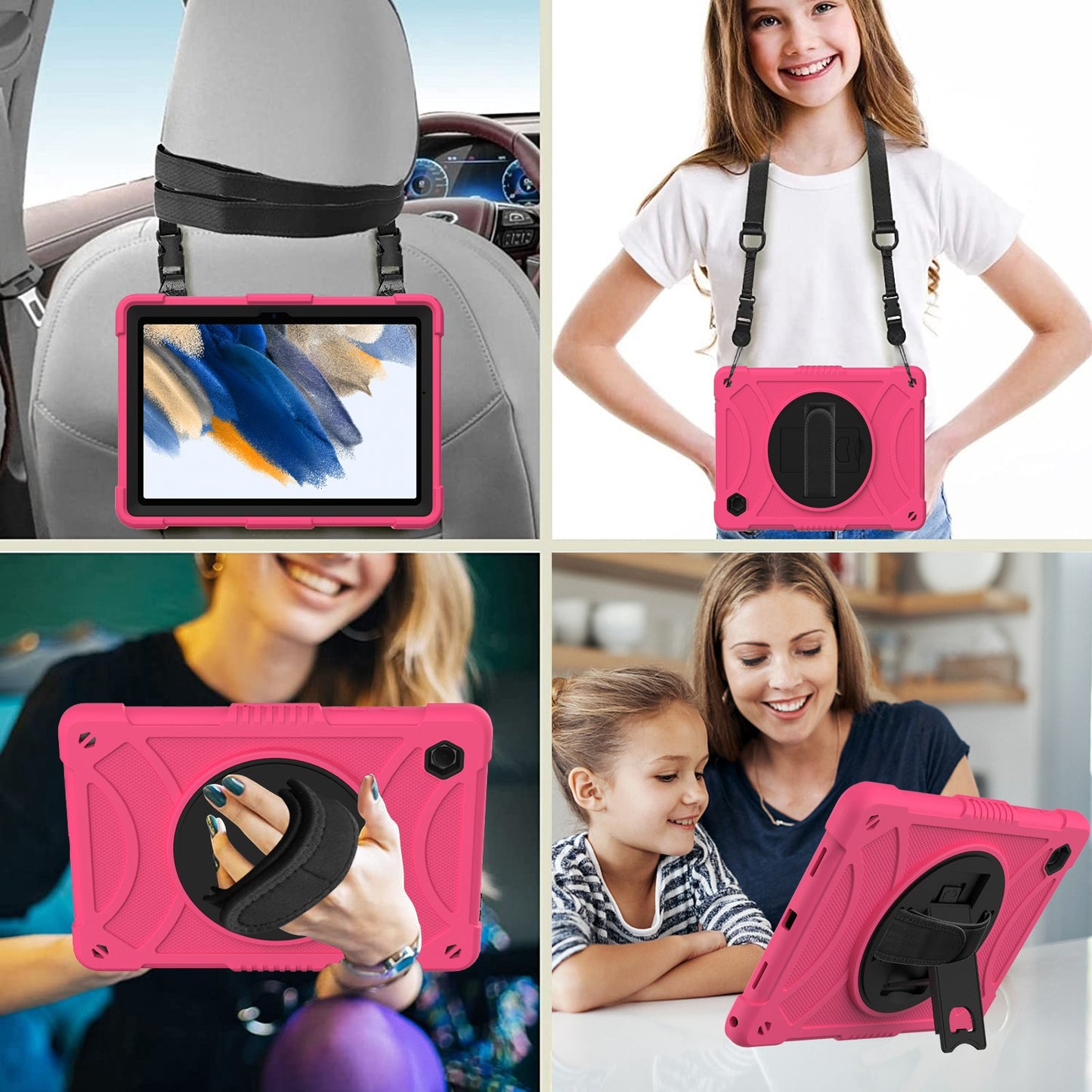 For 3-in-1 Tough Hybrid Shockproof Protector Silicone TPU with Pencil Holder, Kickstand, Hand & Shoulder Strap Hot Pink Tablet Case Cover